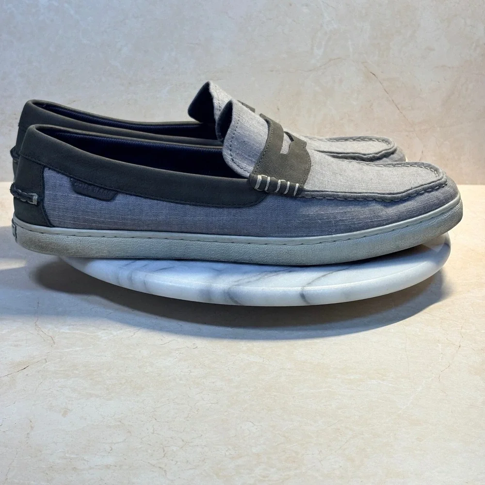 Cole Haan Mens Grand.OS‎ Gray Chambray Textile Leather Penny Loafer Shoes 11.5